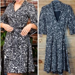 Betabrand Kimono Style fleece lined wrap dress XS black art deco print